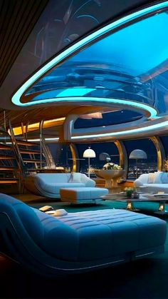 the interior of a luxury yacht is lit up with blue lights and circular couches