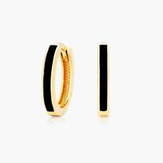 14K Yellow Gold Black Enamel Huggie Hoop Earrings. These earrings exemplify everyday elegance. Wear them every day or save them for a special occasion, the beautiful black enamel is the perfect punctuation for any look. Black Enamel Earrings, Gold Enamel Huggie Earrings, Elegant Enamel Hoop Jewelry, Gold Hoop Earrings With Black Enamel For Gift, Small Elegant Enamel Hoop Earrings, Classic Small Hoop Earrings In Black, Black Enamel Hoop Earrings For Gift, Black Enamel Hoop Earrings As Gift, Classic Black Hoop Earrings For Formal Occasions