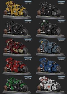 an image of some vehicles that are painted in different colors and sizes, all with wheels on