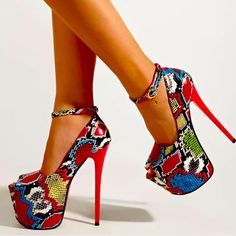 Snake Print 8 Inch Multicolor Platform Heels For Party, Chic Multicolor Platform Heels, Trendy Red Sole High Heels, Trendy High Heels With Red Sole, Trendy Heels With Red Sole And High Heel, Multicolor Round Toe Heels For Night Out, Bold Red Ankle Strap Heels, Trendy Heels With Red Sole For Night Out, Chic Red Platform Heels