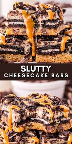 Layers of chocolate chip cookie dough, Oreos, and cheesecake, these Slutty Cheesecake Bars are all the perfect flavors in one single bite. If you have been looking for that show stopping dessert that everyone will fall head over heels for, then you absolutely need these Slutty Cheesecake Bars. These dessert bars are great for every occasion. Save this recipe! Oreo Cheesecake Bars, Cheesecake Bar Recipes, Cheesecake Desserts, Cheesecake Bites, Cake Bars, Cheesecake Bars