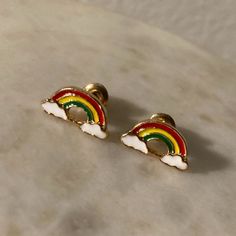 Earrings Any Questions Please Let Me Know Rainbow Wire Earrings, Stud Earrings Quirky, Rainbow Earrings For Kids, Cute Rainbow Earrings, Rainbow Enamel Earrings, Polymer Rainbow Earrings, Funky Earring Studs, Acexual Earrings, Geometric Rainbow Earrings