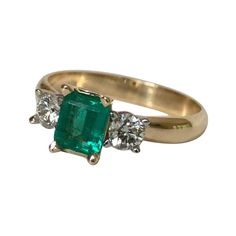 Colombian Emerald Diamond Three-Stone Engagement Ring 18 Karat | See more rare vintage Engagement Rings at https://www.1stdibs.com/jewelry/rings/engagement-rings Three Stone Ring Settings, Emerald Ring Vintage, Contemporary Engagement Rings, Emerald Ring Gold, White Gold Diamond Engagement Ring, Modern Engagement Rings, Diamond Jewelry Designs, Colombian Emeralds, Three Stone Engagement