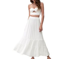 Solid White Ruffle Hem Beachwear Maxi Skirt Breezy Tiered Ruffle Maxi Skirt, Breezy Ruffled Tiered Maxi Skirt, Breezy Tiered Maxi Skirt For Summer, Breezy Tiered Maxi Skirt With Ruffles, Breezy Ruffled Maxi Skirt, Breezy Maxi Skirt For Summer, Flowy Summer Maxi Skirt For Day Out, Flowy Maxi Skirt For Summer Day Out, Summer Flowy Tiered Maxi Skirt