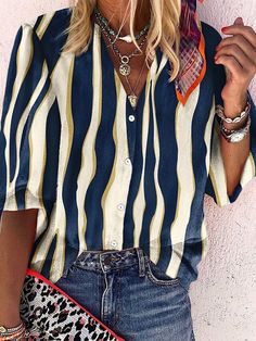 Striped V-neck Blouse For Vacation, Striped V-neck Shirt For Summer, Chic Striped Shirt For Beach, Spring Striped V-neck Shirt, Striped Collared Blouse For Beach, Striped Collared Blouse For The Beach, Elegant V-neck Beach Shirt, Striped V-neck Blouse For Summer, Striped Long Sleeve Blouse For Vacation