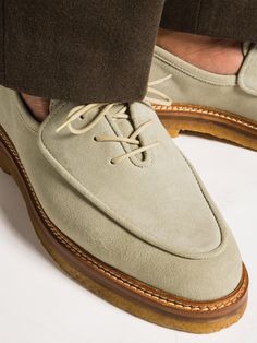 OLIVIER's derby shoes are great for adding a touch of refinement to your casual wardrobe. Constructed using a flexible and lightweight welt, this pair is made from smooth suede and fitted with comfortable natural crepe soles to support your feet throughout the day. Inspired by a Belgian loafer but with the added laces, OLIVIER's derby shoes are perfect for the classic man, but at the same time with a new shape.-Latte suede calf-Natural crepe rubber sole-Blake construction-Come with dust bag-Made in Portugal Luxury Suede Men's Shoes With Textured Sole, Casual Suede Loafers With Brogue Detailing, Suede Leather Shoes With Brogue Detailing, Luxury Suede Loafers With Brogue Detailing, Luxury Vintage Men's Shoes With Leather Sole, Work Shoes Men, Shoes Design Ideas, Mens Loafer, Loafer Shoes For Men