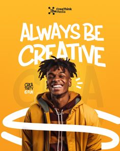 a man with dreadlocks is smiling in front of an orange background that says, always be creative