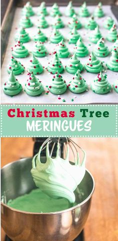 christmas tree meringue is being made with green icing and sprinkles