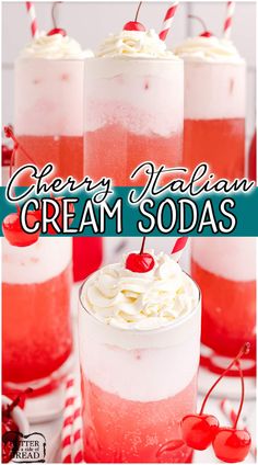 two glasses filled with ice cream soda and topped with whipped cream, cherries, and candy canes