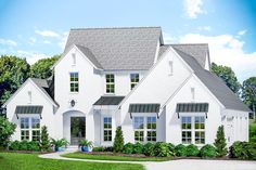 a rendering of a white house with windows and shutters on the front, surrounded by greenery