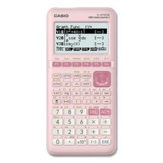 a pink calculator sitting on top of a white table