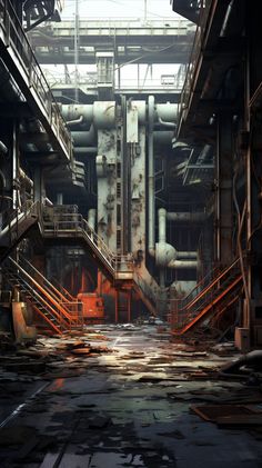 an industrial scene with pipes and machinery