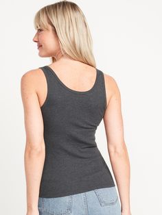 scoop neck sleeveless fitted hits below waist models are approx.  5'9" and wear sizes s (4), l (12) and xl (18) Fitted Ribbed Tank Top With Scoop Back, Fitted Tank Top For Everyday, Fitted Knit Tank Top For Everyday, Fitted Gray Vest Top, Basic Cotton Tank Top With Scoop Back, Ribbed Fitted Tank Top With Scoop Neck, Ribbed Fitted Scoop Neck Tank Top, Basic Fitted Tank Top With Scoop Back, Everyday Fitted Seamless Tank Top