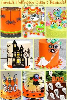 a collage of halloween cakes and treats