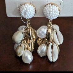 Sugarfix Baublebar Pearl Shell Drop Earrings White Gold Tone Beach Boho Elegant White Strand Shell, White Shell Jewelry For Beach Season, Summer White Pearl Drop Jewelry, Trendy Earrings For The Beach Season, Trendy Earrings For Beach Season, Bohemian White Earrings For Beach, Trendy White Jewelry For Vacation, Elegant White Shell For Beach, Elegant White Shell For Vacation