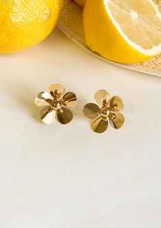 18K Gold plated Flower Earrings Gold Plated Flower Charm Earrings, Yellow Gold Flower Charm Earrings, Gold-plated Flower Earrings, Gold Flower Earrings For Spring, Yellow Gold Diamond Flower Earrings, Gold Flower Earrings With Charm, Gold Flower Clip-on Earrings For Spring, Gold Flower-shaped Earrings With Flower Charm, Gold Flower-shaped Earrings For Spring