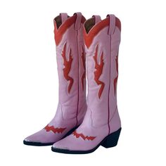 ATTENTION: THIS PRODUCT IS MADE-TO-ORDER. DUE TO OUR PRODUCTS BEING HANDMADE BY A SMALL TEAM OF ARTISANS PLEASE ALLOW 14-21 BUSINESS DAYS PROCESSING TIME.  Baby Pink High Cowboy Boots with orange accents, hot pink piping, and white stitching 6cm black wooden heel Metal accents on heel and toe Leather sole with rubber  Fit is narrow, we recommend sizing up one size. If you are concerned about sizing please add your foot (length & width) and calves measurements to the note-section at checkout so w High Cowboy Boots, Cute Cowgirl Boots, Pink Passion, Eye Spy, Pink Suit, Orange Accents, Western Booties, Shoe Inspo, Free People Shoes