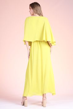 Billowy and breezy, vibrant and eye-catching, our Crinkle Solid Cape Maxi Dress is perfect for brunches, beach days, weddings, and everything in between. This dress features relaxed caped sleeves, deep v-neckline, and maxi length skirt. Deep v neckline Pleated chest detail Elastic-lined waist Half sleeves Cape design Maxi length Center split Lined Crinkle texture fabric finish 100% Polyester Made in USA SKU #: D-7661 Flowy V-neck Breezy Maxi Dress, Breezy V-neck Maxi Dress For Brunch, Yellow Chiffon V-neck Maxi Dress, Flowy V-neck Maxi Dress For Beach Cover-up, Summer Chiffon Maxi Dress With V-neck, Spring Beach Dress, Floor-length And Flowy, Chiffon V-neck Maxi Dress For Brunch, Flowy Chiffon Maxi Dress For Brunch, Summer Beach Maxi Dress With Flutter Sleeves