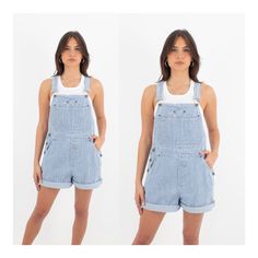 "90s 1990s Blue Striped Denim Cotton Overalls | Spring Summer Dungarees | Womens Ladies Girls Short Overalls - 4 Sizes S, M, L & XL For 10% off your first purchase visit - www.marlowvintage.com.au Soft mid-weight cotton/denim Anna is wearing Size S For best fit, please use the measurements as a guide to determine the right size for you.  If in doubt, size up. EXCELLENT vintage condition - No two vintage pieces are identical.  Each pair will vary slightly in colour and may show minor signs of wear; such as small holes, areas of frayed denim, discolourations and marks.  Any major flaws will be listed. Measurements Size: S (tagged S) Waist: ~ 31\" Hips: ~ 42\" Length: Adjustable straps - can be made longer or shorter Fabric: Cotton / Denim Brand: Bill Blass   Size: M (tagged M) Waist: ~ 35\" 90s Style Denim Jumpsuit With Pockets, 90s Style Blue Denim Overalls, 90s Style Blue Cotton Denim Jumpsuit, High Rise Cotton Shortalls For Spring, 90s Blue Cotton Denim Jumpsuit, High Rise Medium Wash Cotton Shortalls, Retro Cotton Dark Wash Shortalls, 90s Blue Denim Jumpsuit With Pockets, Retro Dark Wash Cotton Shortalls