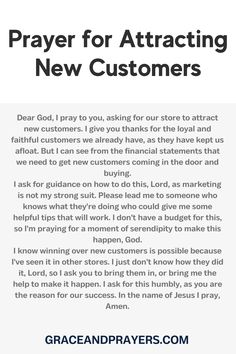 a prayer card with the words prayer for attaching new customers in black and white