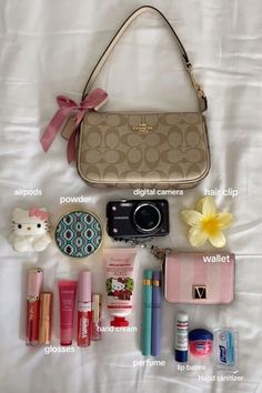 What's inside my bag Must Have In Purse, Makeup Bag School, What To Pack In Your Bag, What Is In My Purse, Bag Essentials Aesthetic, Bag Must Haves, Purse Aesthetic, The Best Skin Care Products