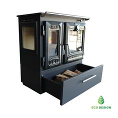 an eco design stove with its doors open and logs in the bottom drawer on display