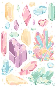 an assortment of colorful crystals on a white background