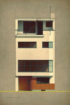 an architectural drawing of a building with windows and balconies on the top floor