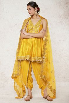 Gopi Vaid-Shiza Mustard Peplum And Dhoti Set-INDIASPOPUP.COM Traditional Chanderi Sets With Gota Work, Navratri Slub Silk Sets With Dori Work, Traditional Peplum Anarkali Set For Designer Wear, Gold Chanderi Palazzo Set With Traditional Drape, Yellow Slub Silk Bollywood Set, Yellow Slub Silk Salwar Kameez With Dori Work, Peplum Festival Sets With Gota Work, Festival Peplum Sets With Gota Work, Gold Slub Silk Sets With Resham Embroidery