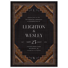 a black and brown wedding card with an ornate frame