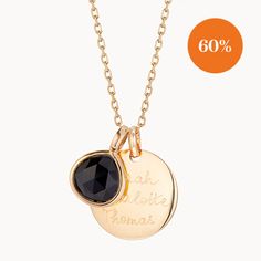 Symbolising strength and support, our semi-precious black onyx gemstone is paired with our signature disc charm, and hand-engraved to create a personalized necklace as unique as you are.Please note that there may be slight variations between each birthstone and gemstone due to its origins.18K Champagne Gold Plated, 925 Sterling Silver or 18K Rose Gold PlatedDisc Charm: 0.7 x 0.7Gemstone: 0.5 x 0.5Secure clasp fasteningCharms are removable from this chain and can be worn on all Merci Maman chain lengthsHand-engraved in our Paris workshopSent with love in a complimentary gift boxAny slight variations in lettering depth, spacing and alignment from the examples shown are part of the aesthetic and originality of the piece. Minimalist Black Jewelry With Engraving Option, Elegant Black Personalized Necklace, Elegant Black Charm Necklace, Elegant Black Necklace For Personalized Gift, Black Sterling Silver Jewelry With Engraving Option, Minimalist Black Jewelry For Personalized Gifts, Personalized Black Pendant Jewelry, Personalized Black Pendant Necklace, Black Engraved Jewelry For Personalized Gift