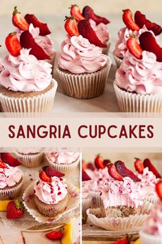 cupcakes with pink frosting and strawberries on top are shown in three different pictures