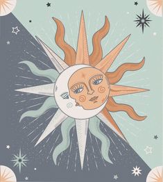 a drawing of a sun with two faces and stars in the sky above it, on a blue background