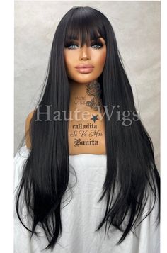 Our Luxury Wig Is Made Of Premium Quality Synthetic Hair Fibers For An Outstanding Wig. Heat Resistant 130-160oC (266-320oF), She Should Never To Be Dyed Or Bleached. So Beautiful ! A Head Turner ! Very Soft. Realistic Feel and Look Full Density. Luscious Locks ! S-M Inner Wig Cap With Tightening Strap.  You Will Receive So Many Compliments !  Fast Dispatch Fringe Bangs Wig, Straight Fringe, Darkest Black, Bangs Wig, Fringe Bangs, Everyday Gifts, Hair Fibers, Horse Hair, Role Play