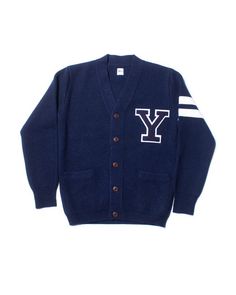 Yale Wool Varsity Cardigan | J. Press Classic Navy Cardigan With Ribbed Cuffs, Navy Cardigan With Ribbed Cuffs For Fall, Collegiate Cardigan For College In Fall, Collegiate Style Cardigan For Fall College Season, Collegiate Style Fall Cardigan For College, Collegiate Fall Cardigan For College, Fall Collegiate Style College Cardigan, Winter College Cardigan, Navy Winter Sweater For College