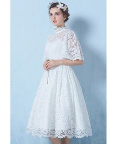 Special Lace High Neck Full Lace Wedding Dress Knee Length with Sleeves #E9860 - GemGrace.com White Bridesmaid Wedding Dress With Lace Sleeves, White Bridesmaid Dress With Lace Sleeves, White A-line Bride Dress, A-line Lace Sleeve Wedding Dress, White Wedding Dress With Lace Sleeves For Bride, A-line Lace Dress With Lace Sleeves For Wedding, White Lace Dress With Lace Sleeves For Bridesmaid, White A-line Lace Dress With Lace Sleeves, White Lace Sleeve Banquet Dress