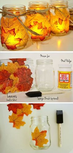 mason jars filled with fall leaves and some other items to make them look like they are floating