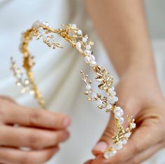 Wedding Hair Accessories - Swarovski Opal and Freshwater Pearl Bridal Headband Gold Floral Headband, Floral Headband Wedding, Gold Bridal Headband, Rose Gold Tiara, Headband Gold, Pearl Bridal Headband, Bride Tiara, Bride Headband, Gold Tiara