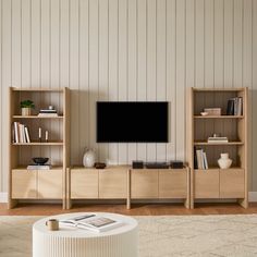 a living room scene with focus on the tv and entertainment center, along with bookshelves