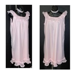 "This is a likely new/old stock gown from Her Majesty, tagged \"Young Jr\", size 15/16 - surprisingly generously sized. It has a sheer chiffon overlay with a nylon layer underneath. The edging is a wonderful ruffle chiffon along the neckline and hem. I don't see any issues, a bit more pink in person than the photos show on my computer. Bust 44\" Waist 56\" Hips 60\" Arm openings 18\" Length 38\" from shoulder to hem" Vintage Ruffled Nightgown For Sleepovers, Vintage Sleeveless Ruffled Sleepwear, Princess Nightgown, Casual Bra, Beautiful Nightgown, Nightgown Vintage, Womens Lingerie, Chiffon Overlay, Rose Vintage