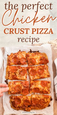 the perfect chicken crust pizza recipe is cut into squares and placed on top of parchment paper