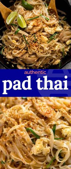 pad thai noodles in a skillet with text overlay