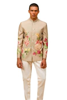 Cream bandhgala featuring printed and resham embroidered floral bouquet motifs. - Aza Fashions Designer Traditional Bandhgala With Floral Print, Traditional Floral Bandhgala For Eid, Traditional Bandhgala With Floral Print For Eid, Fitted Traditional Wear With Printed Motifs For Reception, Wedding Bandhgala With Printed Motifs For Diwali, Floral Print Sherwani For Wedding And Eid, Designer Bandhgala With Floral Embroidery For Festivals, Designer Floral Print Traditional Bandhgala, Diwali Fitted Bandhgala With Printed Motifs