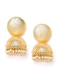 These simple & elegant gold-toned dome jhumki earrings are gold-plated, come with a unique pattern & beads, and are secured with a post and back closure. These handcrafted dome jhumkis can be paired with any traditional outfit to add a dash of subtle charm. Product color may vary based on the monitor or screen you are using.See FAQ for more details. Size Length: 5.5 cm Details Material: BrassStones: Artificial BeadsPlating: Gold-plated Navratri Gold Cutdana Jhumkas, Gold Meenakari Danglers, Gold Kundan Jhumkas For Eid, Gold Tilla Earrings For Navratri, Gold Cutdana Jhumkas For Festivals, Gold Chandbali Jhumkas With Latkans, Festive Gold Plated Earrings With Latkans, Gold Bollywood Jhumkas With Tilla Details, Traditional Gold Jhumkas For Navratri