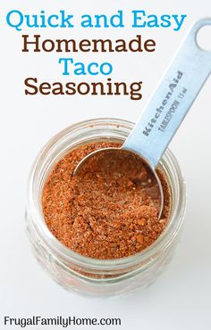 homemade taco seasoning in a glass jar with a spoon