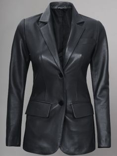 Introducing the Women's Two Button Black Leather Blazer Jacket, a sophisticated and versatile piece that exudes timeless elegance and contemporary style. Crafted from high-quality genuine leather, this blazer jacket offers a perfect blend of durability, comfort, and fashion-forward design. The classic black color of this jacket adds a touch of sophistication to any outfit, making it a versatile wardrobe staple that effortlessly transitions from day to night and from casual to formal occasions. Whether you're heading to the office, attending a business meeting, or going out for dinner, this blazer jacket is sure to make a statement. Featuring a two-button closure and a tailored fit, this jacket offers a flattering silhouette that accentuates your curves and enhances your overall look. The s Tailored Sleek Leather Outerwear, Sleek Blazer With Buttons For Workwear, Tailored Leather Jacket With Button Closure For Formal Occasions, Sleek Leather Jacket With Hidden Button Closure, Sleek Leather Jacket With Hidden Buttons, Luxury Long Sleeve Leather Jacket For Office, Single-breasted Outerwear For Business Meetings In Fall, Sleek Blazer With Button Closure For Business Casual, Luxury Leather Sport Coat For Work