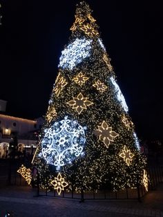 a large christmas tree is lit up at night