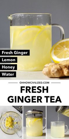 fresh ginger lemon honey water in a glass pitcher, with ingredients to make the drink