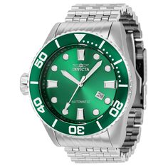 This impressive Invicta Pro Diver watch features a precise Automatic movement as well as steel, green, silver case. Its green , metal dial is enclosed by a highly protective Mineral Crystal. This watch is finished by a strong steel , stainless steel band, and it offers 100 m water resistance. Plunge into any horizon using the steadfast guidance of the Invicta Pro Diver. Stylishly classic, internal workings are forged with variations of bold movements. Built with confident prowess, the fortitude Invicta Pro Diver, Diver Watch, Green Metal, Invicta Watches, Men's Watches, Stainless Steel Band, Minerals Crystals, Breitling Watch, Diver