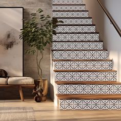 the stairs are decorated with black and white tile designs, along with a potted plant